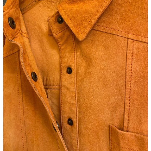 Coldwater Creek Shirt Women's Medium Orange 100% Leather Snap Closure Shacket - Picture 5 of 9